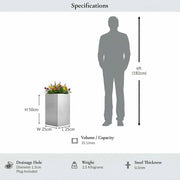 50cm Zinc Galvanised Silver Tall Square Planter
