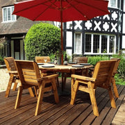 Wooden Garden Furniture Set with Umbrella: Enjoy summer meals outdoors with this elegant wooden garden furniture set featuring a spacious table, comfortable chairs, and a protective umbrella.