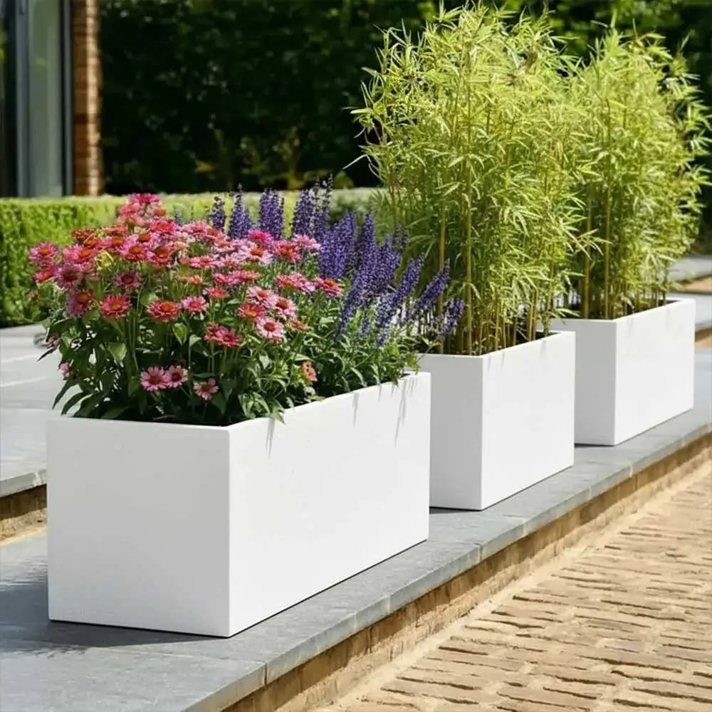 DRAW A LINE Moving Planter Rack Set ホワイト Zinc Galvanised Matte White Trough Planter – Woven Wood