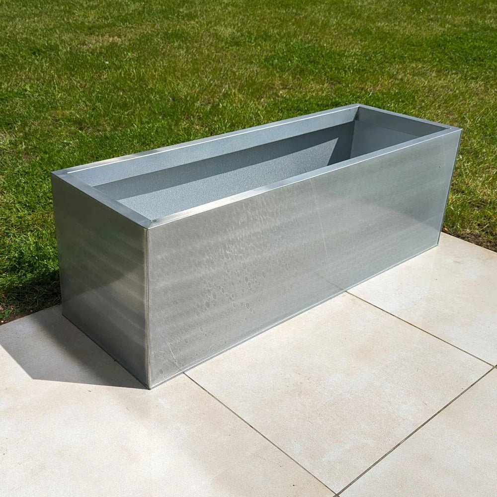 120cm Zinc Galvanised Silver Trough Planter Woven Wood