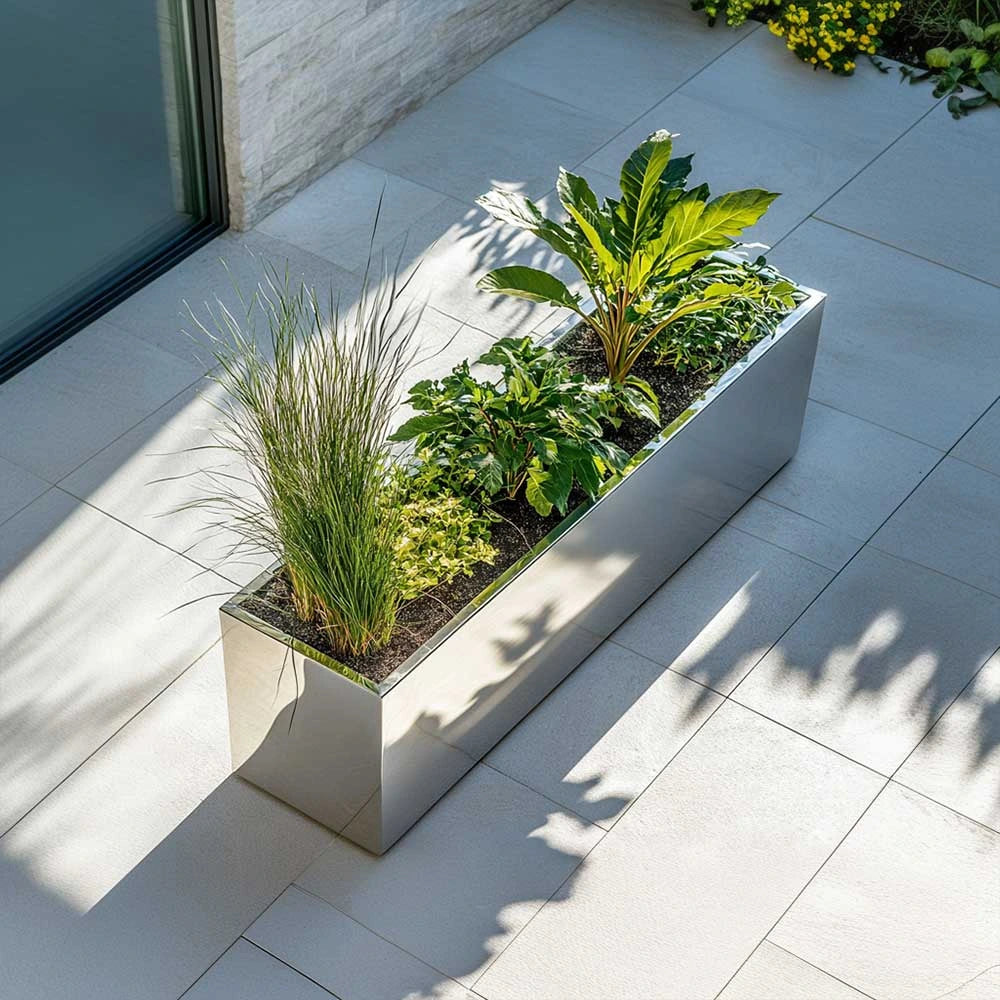 100cm Zinc Metal Galvanised Silver Trough Planter – Woven Wood