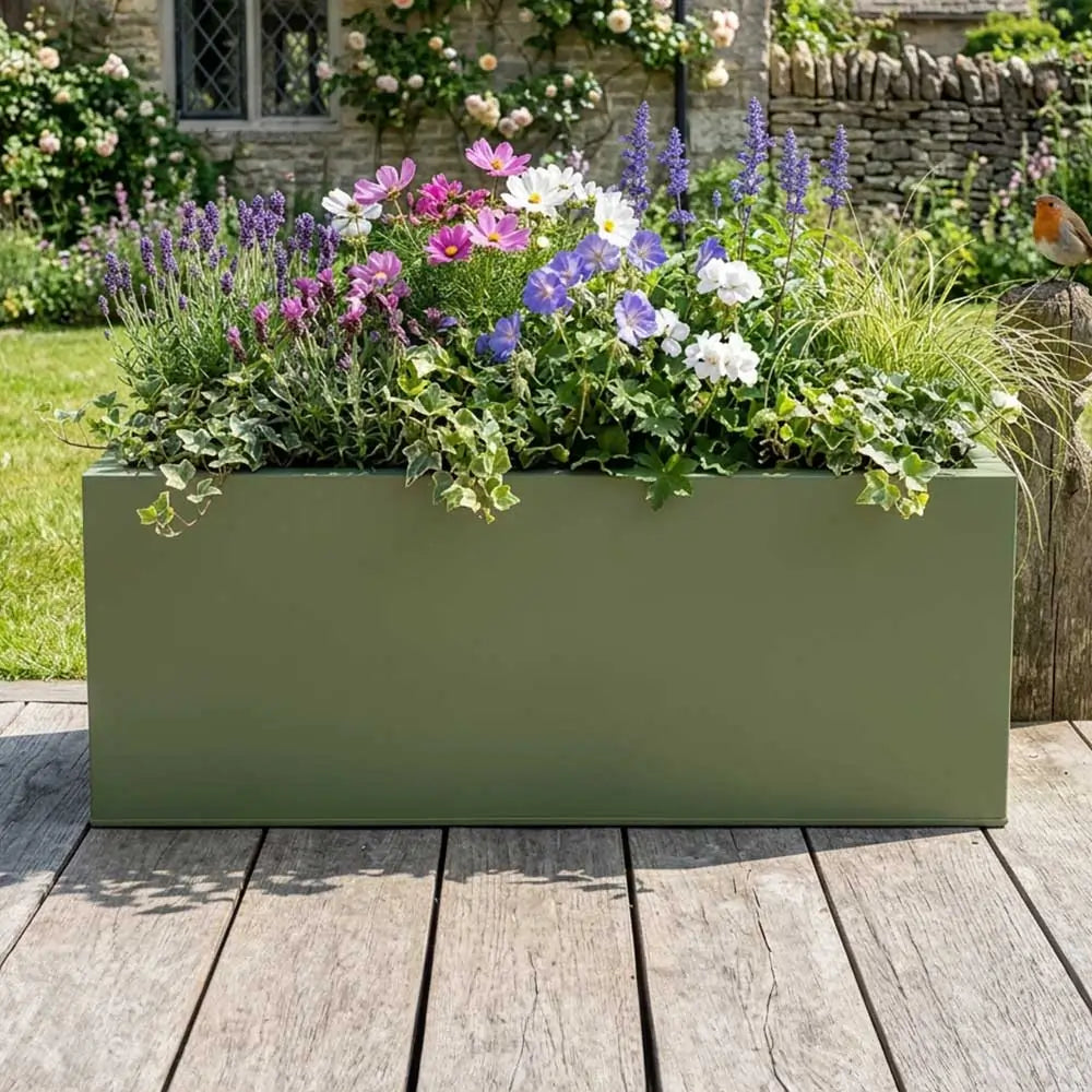 Green Trough Riser 100cm Zinc Galvanised Sage Green Trough Planter – Woven Wood