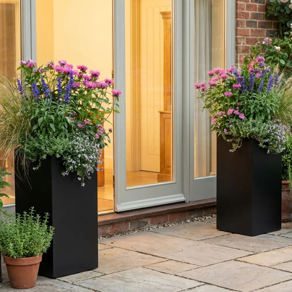 black square outdoor plant pots 100cm Zinc Galvanised Matte Black Tall Square Planter – Woven Wood