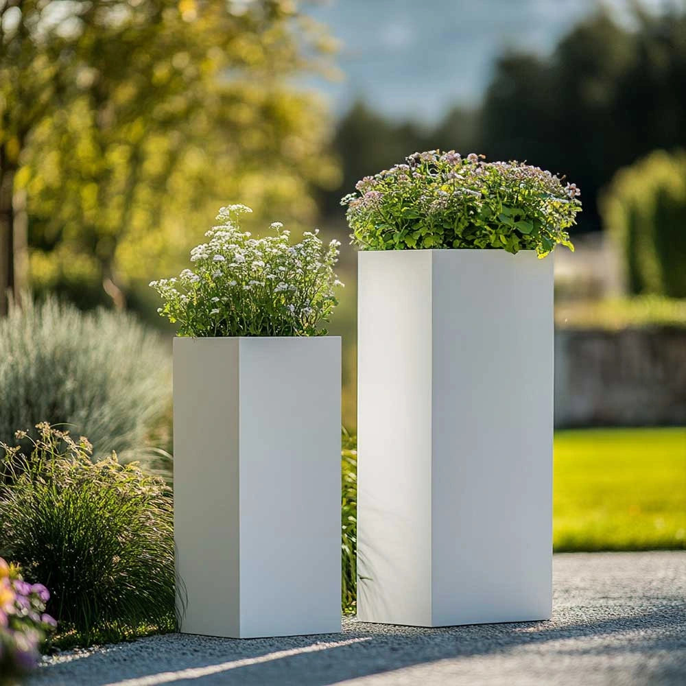 white square pot plant 100cm Zinc Galvanised Matte White Tall Square Planter – Woven Wood