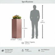 100cm Zinc Galvanised Brushed Rose Gold Finish Tall Square Planter