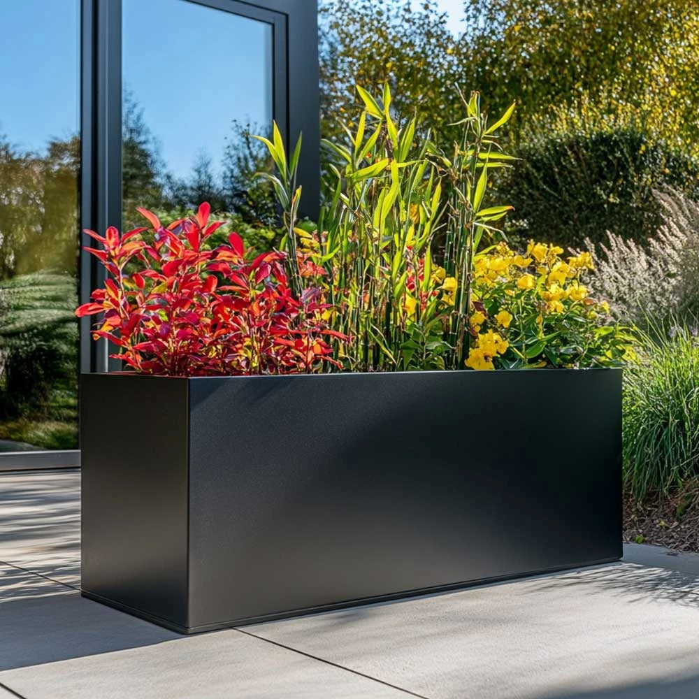 zinc planter matte black trough with flowers