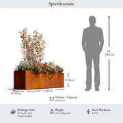 Rectangular metal planter with plant and dimensions shown next to a person silhouette.
