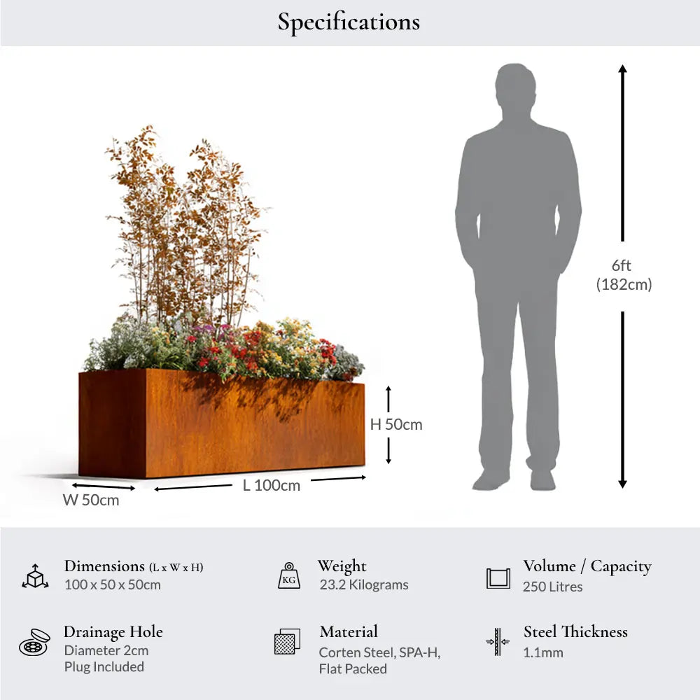 100cm Large Corten Steel Trough Planter - Pre-Rusted
