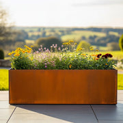 Rusty metal planter with flowers on a patio