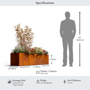 Rectangular metal planter with plant and dimensions shown next to a person silhouette.