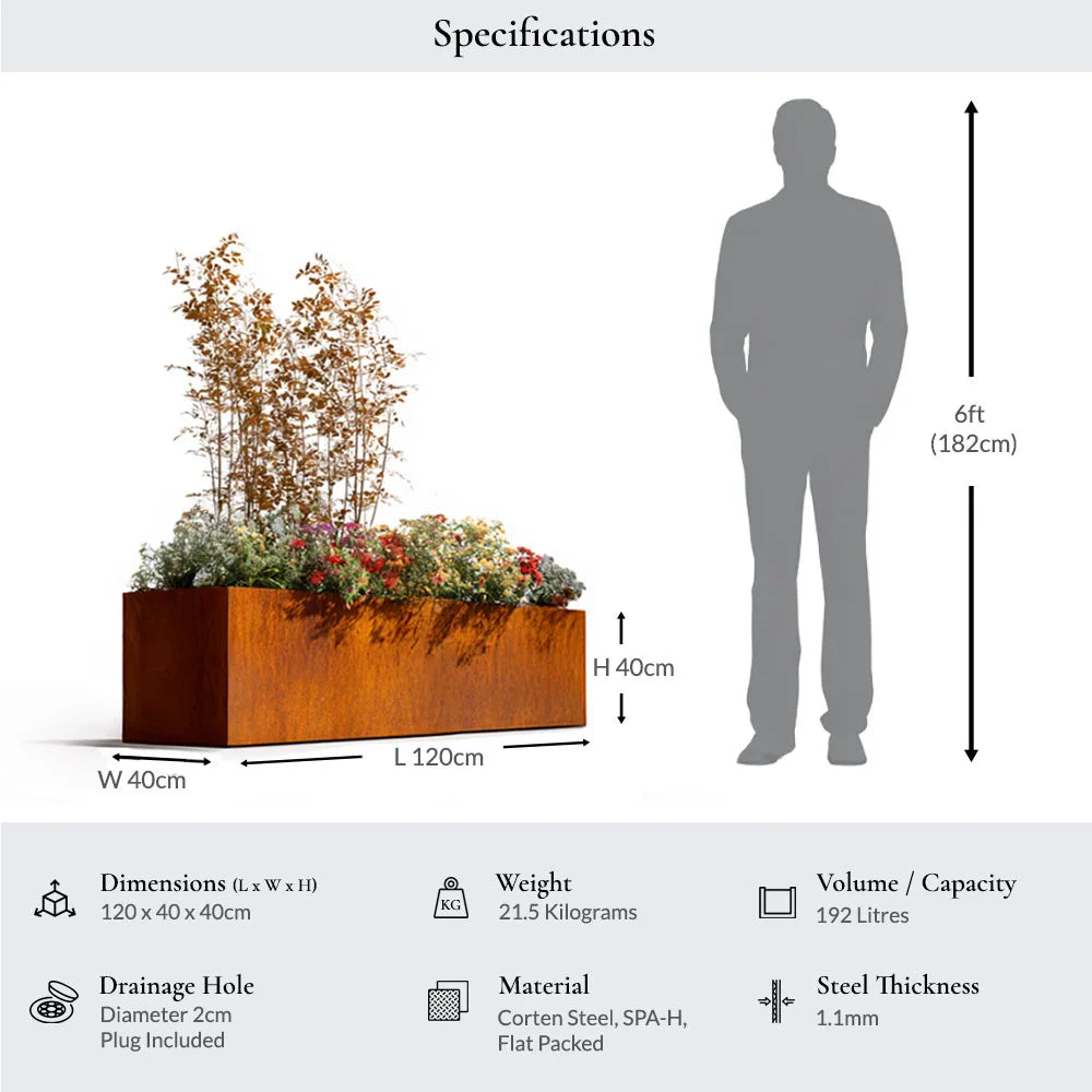 120cm Corten Steel Trough Planter - Pre-Rusted