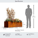 Rust-colored metal planter with plant display, dimensions, and weight information shown.