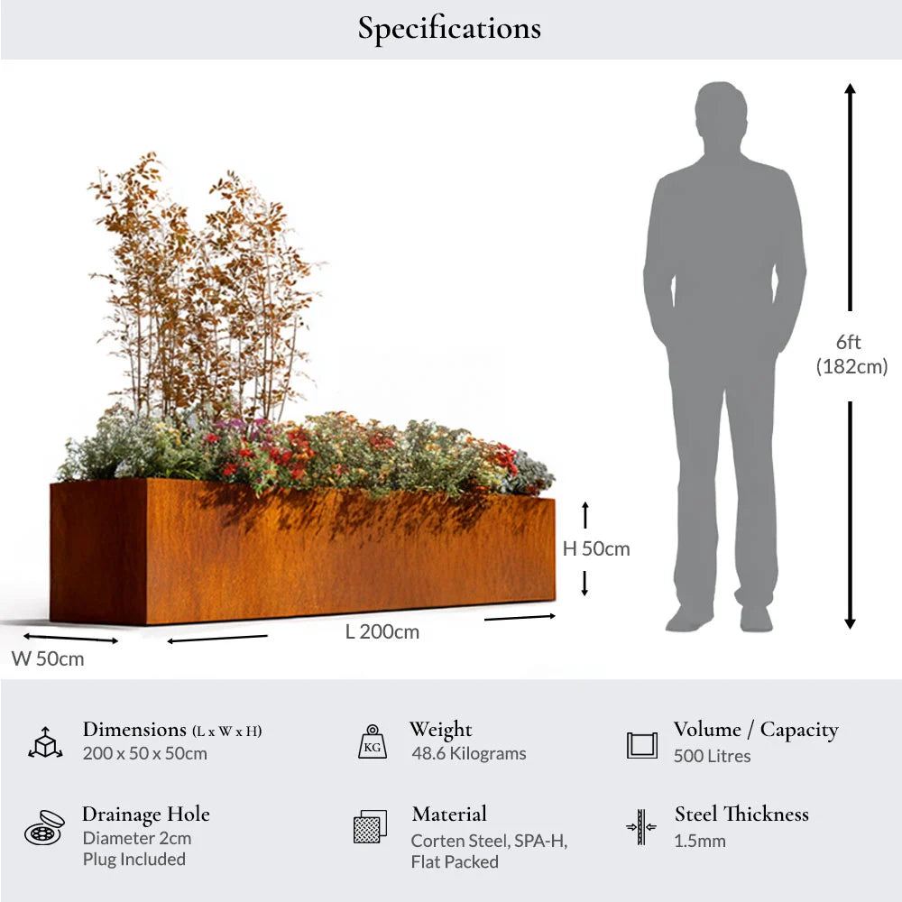 200cm Corten Steel Trough Planter - Pre-Rusted