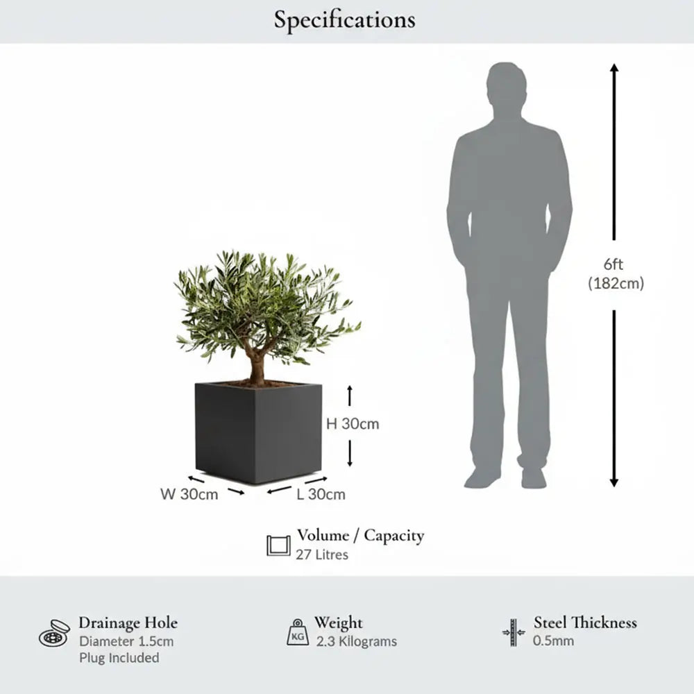 30cm Zinc Galvanised Matte Grey Square Planter