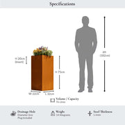 Measurement chart showing a tall rectangular corten planter with dimensions and a silhouette of a person for scale.