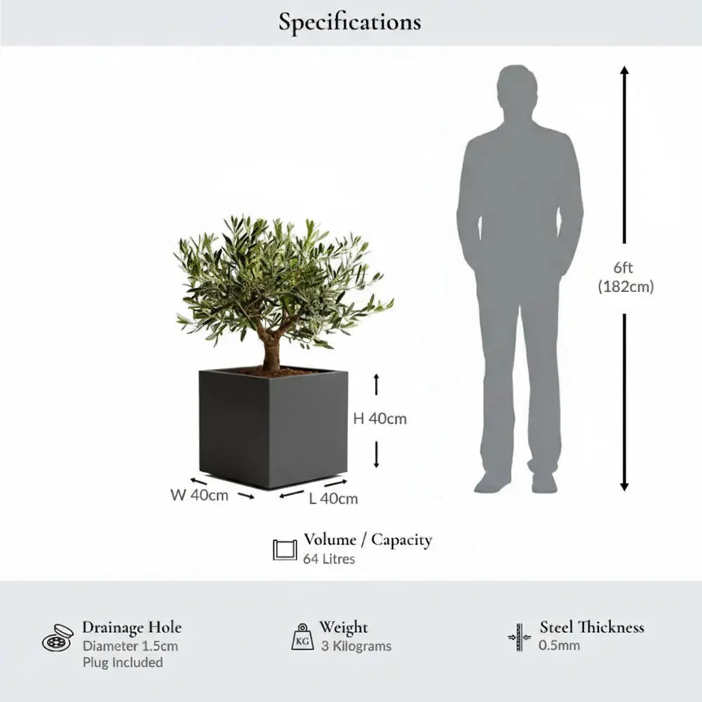 40cm Zinc Galvanised Matte Grey Square Planter