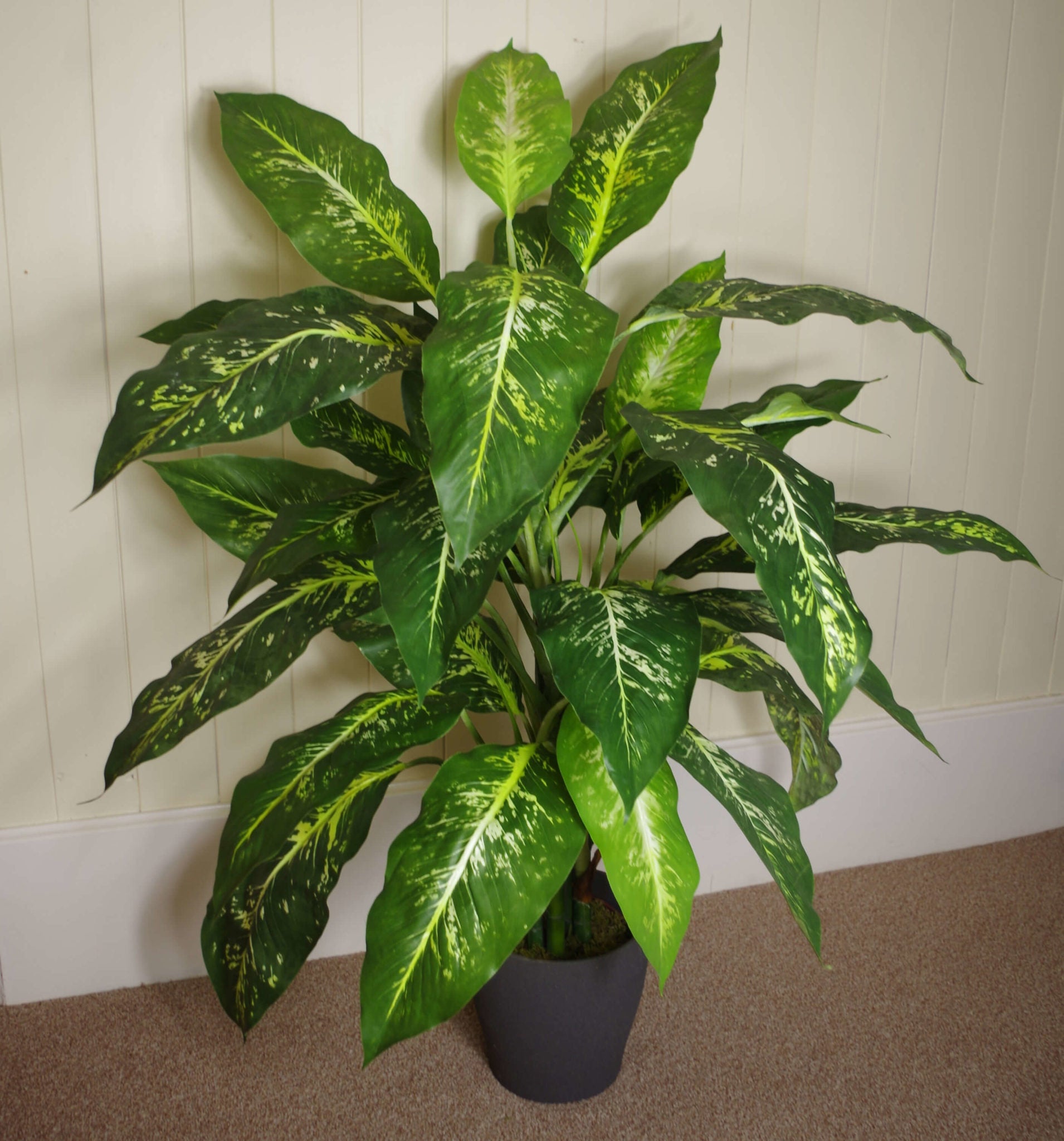 100cm Large Foxs Aglaonema (Spotted Evergreen) Tree Artificial Plant with Copper Metal Planter