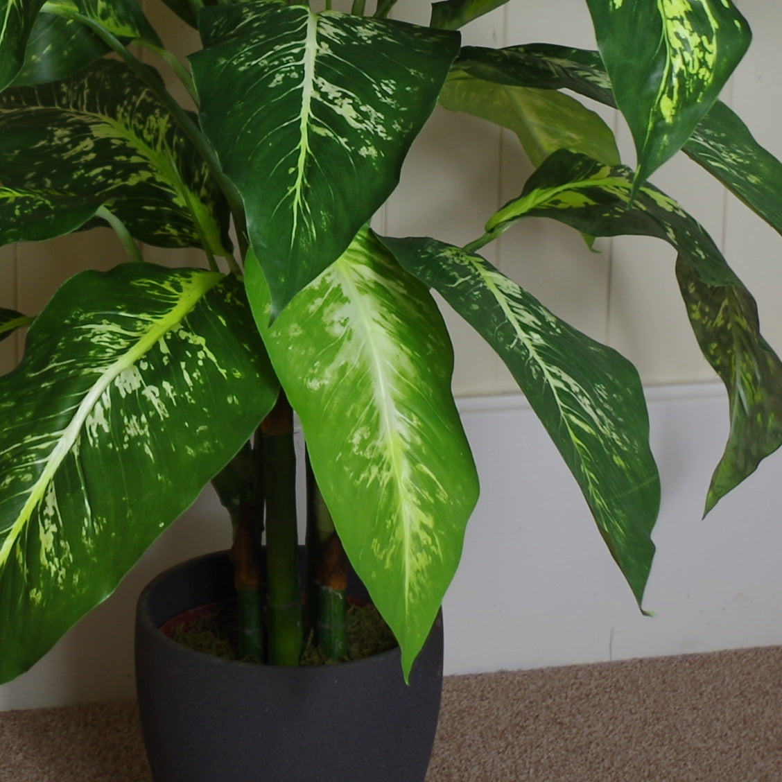 artificial aglaonema plant 100cm Large Foxs Aglaonema (Spotted Evergreen) Tree Artificial Plant w – Woven Wood