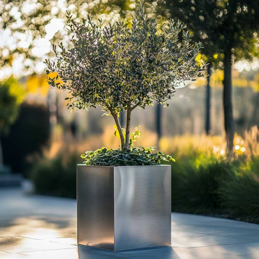 30cm Zinc Galvanised Silver Square Planter – Woven Wood