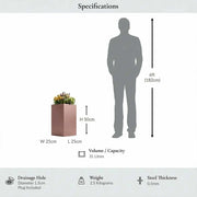 50cm Zinc Galvanised Brushed Rose Gold Finish Tall Square Planter