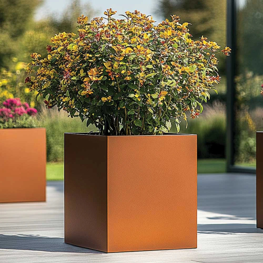 medley square copper plastic planter 60cm Zinc Galvanised Copper Square Planter – Woven Wood