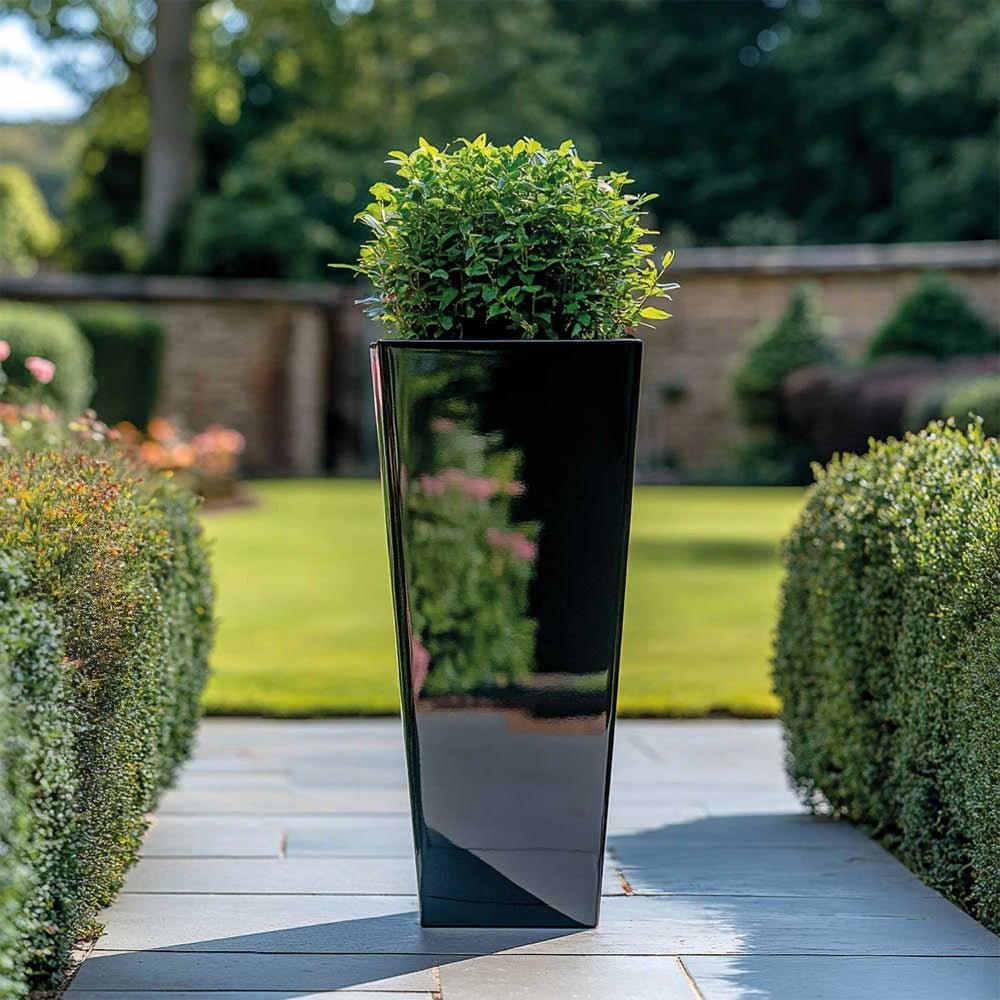 tapered black square planter front view