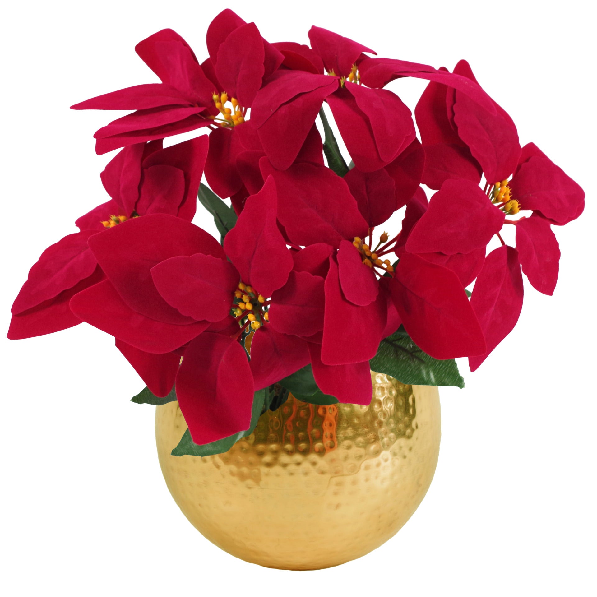 Artificial Christmas Xmas Red Poinsettia 40cm Gold Curved  Metal Planter