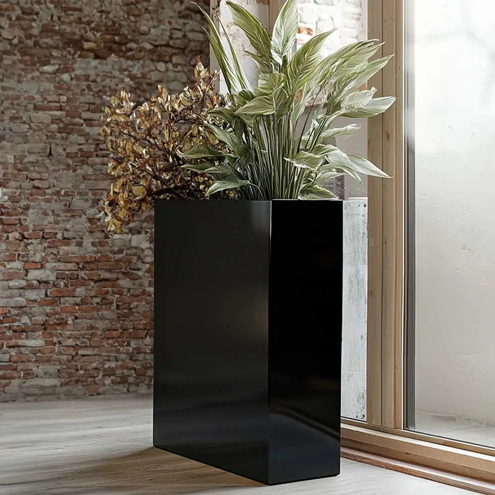 long tall trough polished black planter