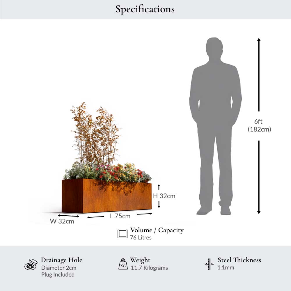 L 75cm Corten Trough Planter with dimensions and man for scale.