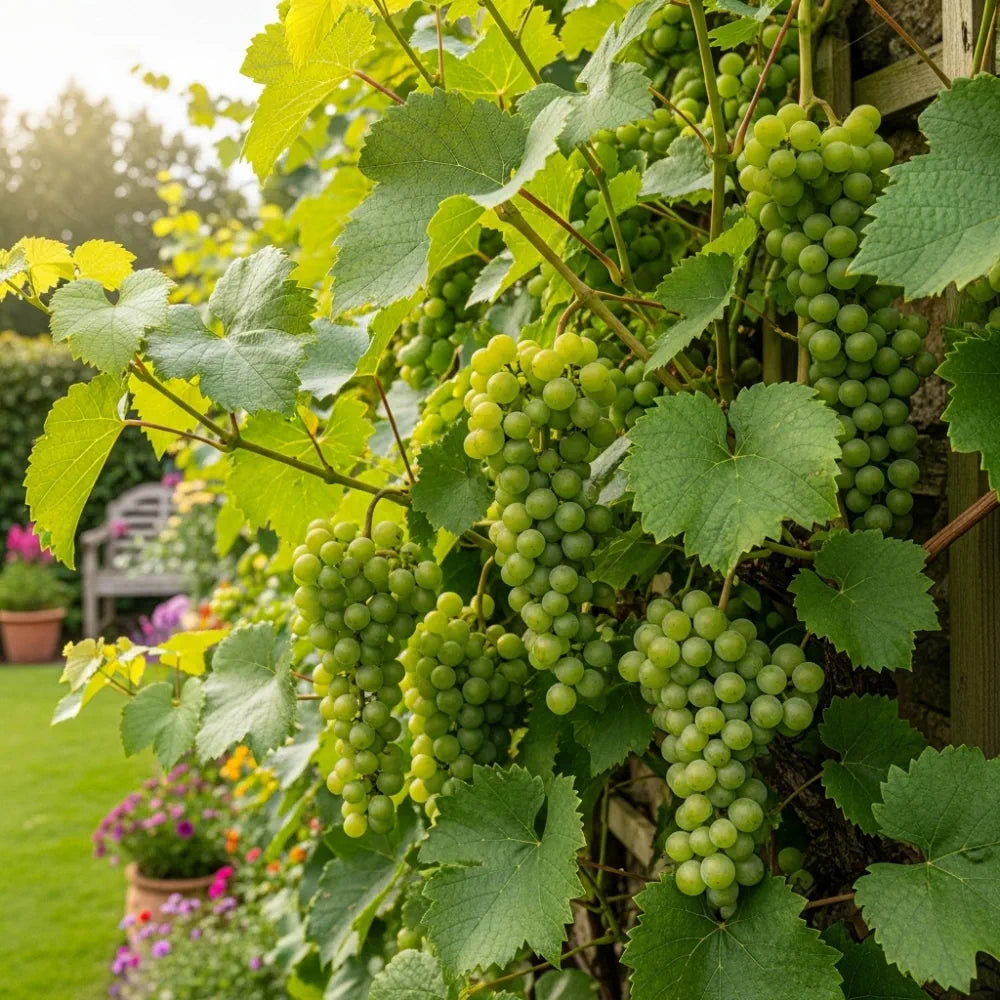 Adjust the Lakemont Seedless Outdoor Grape Vine clusters hanging on a vine with lush leaves, set against a garden backdrop featuring a wooden bench and colorful potted flowers.