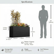 Black rectangular planter with plant, dimensions, and weight information displayed.