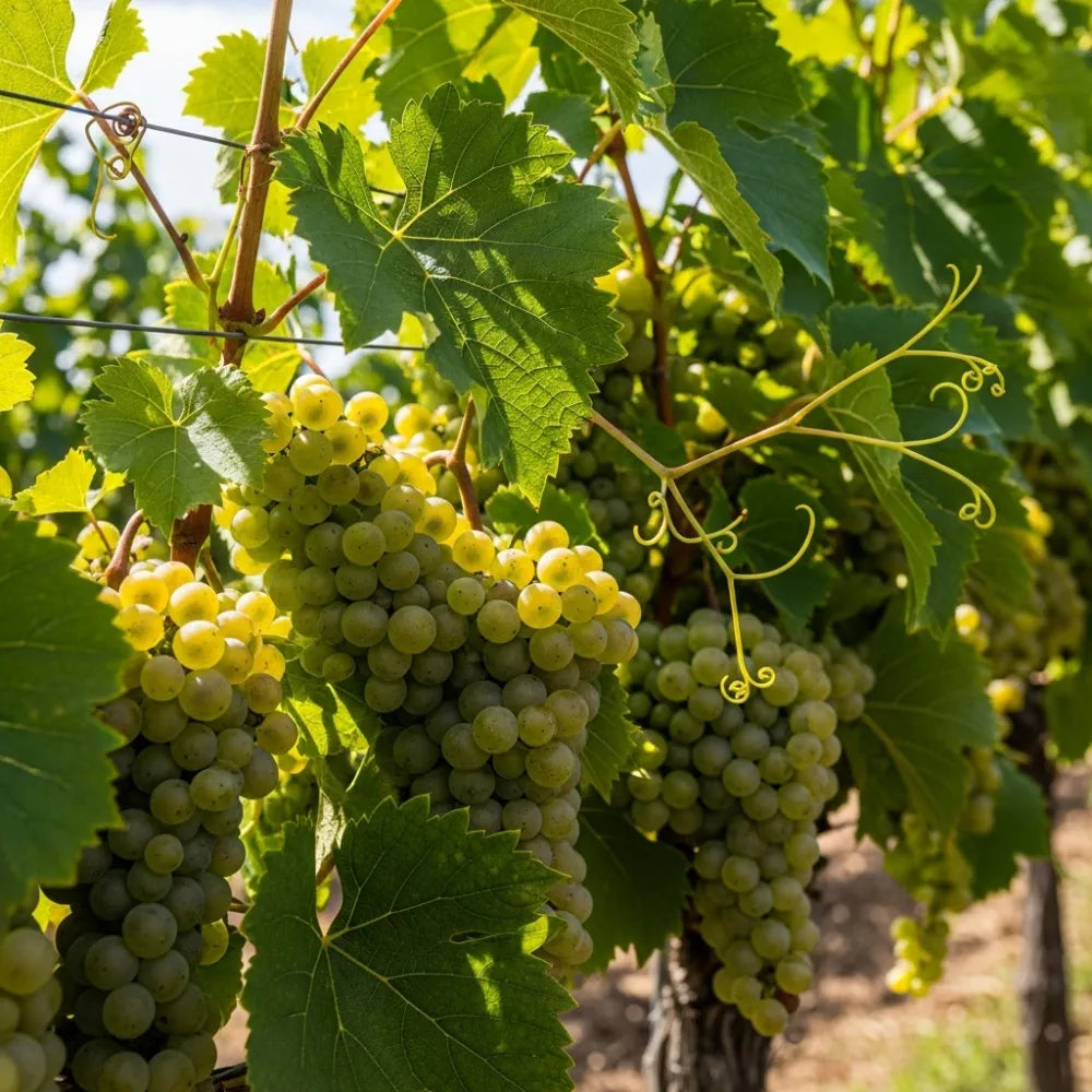 Clusters of 'Superior Seedless' grapes hang from vines with lush green leaves in a sunlit vineyard, showcasing healthy fruit ready for harvest.