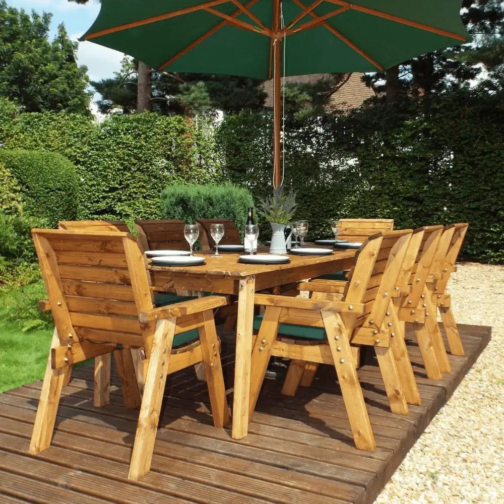 Unwind under the shade of a green parasol in this inviting 8-seater patio set, built for comfort and durability