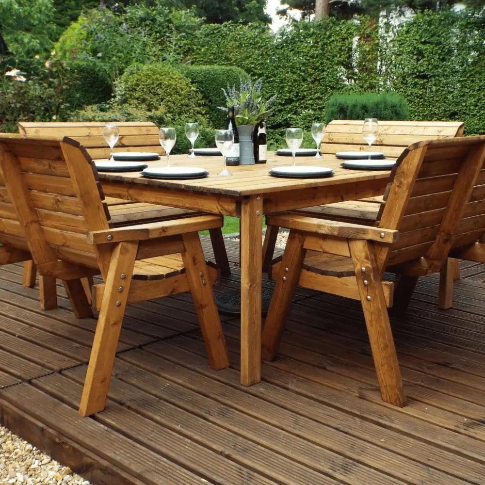 Add a touch of rustic charm to your backyard with this 8 Seater Wooden Lawn Furniture set, crafted from sustainable wood and perfect for cozy gatherings.