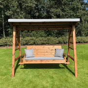 Unwind in the sunshine on this classic Patio Outdoor Set featuring a Grey Wood Swing Seat and cushioned chairs.