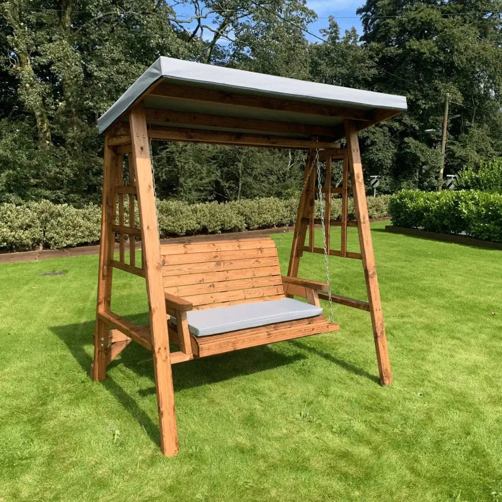 Charles Taylor Two Seat Swing with Grey Roof Cover Woven Wood