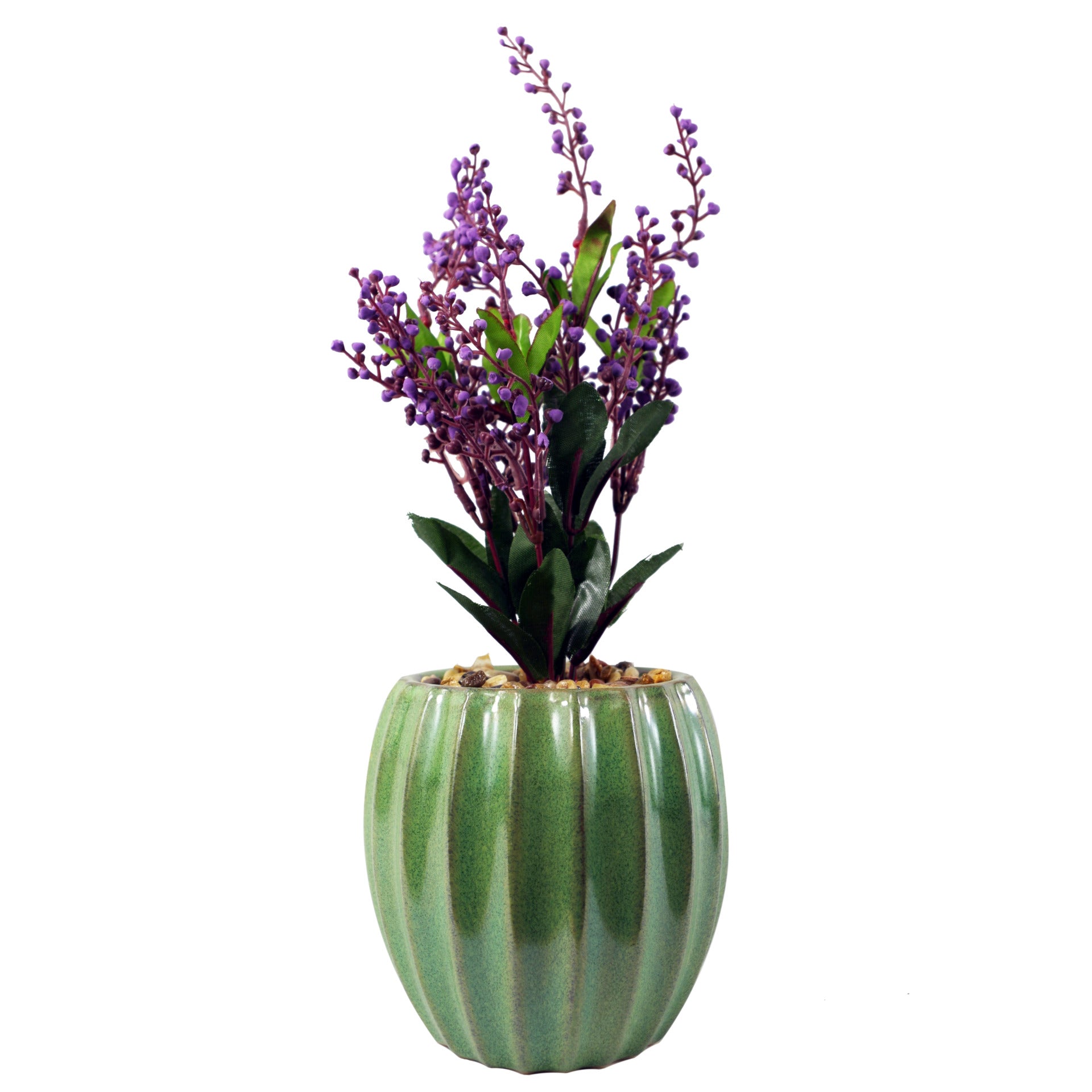30cm Ceramic Green Glazed Barrel Planter with Artificial Purple Vitex Negundo Plant