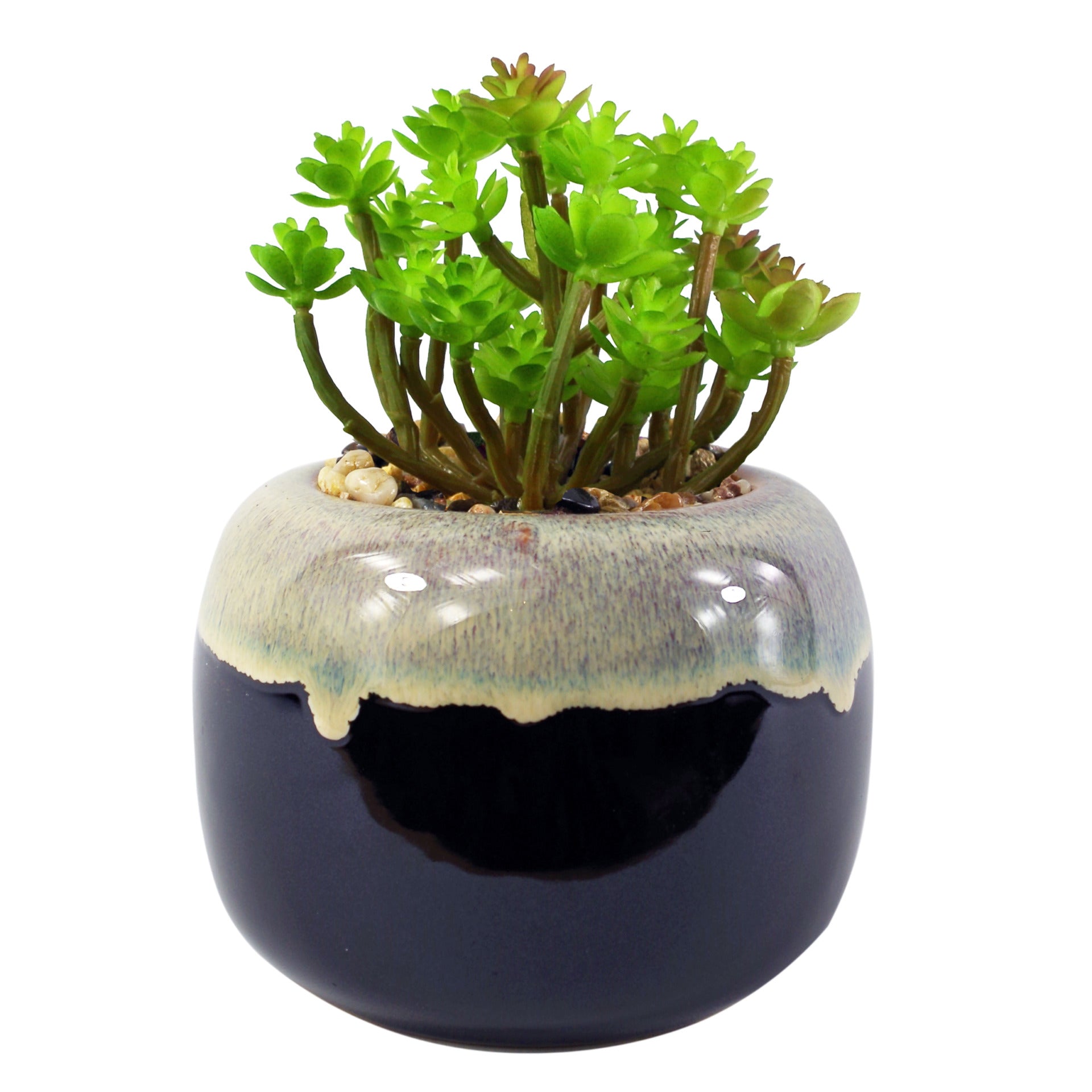 16cm Ceramic Drip Glazed Planter with Artificial Sedum Clavatum Plant