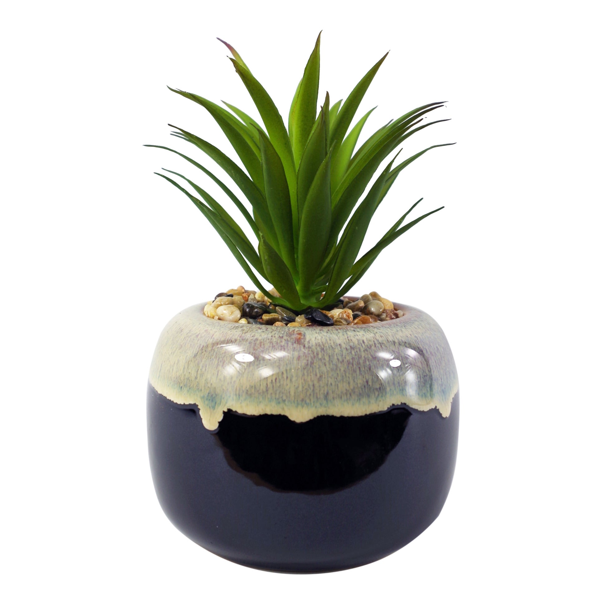 20cm Ceramic Drip Glazed Planter with Artificial Green Dracaena Plant