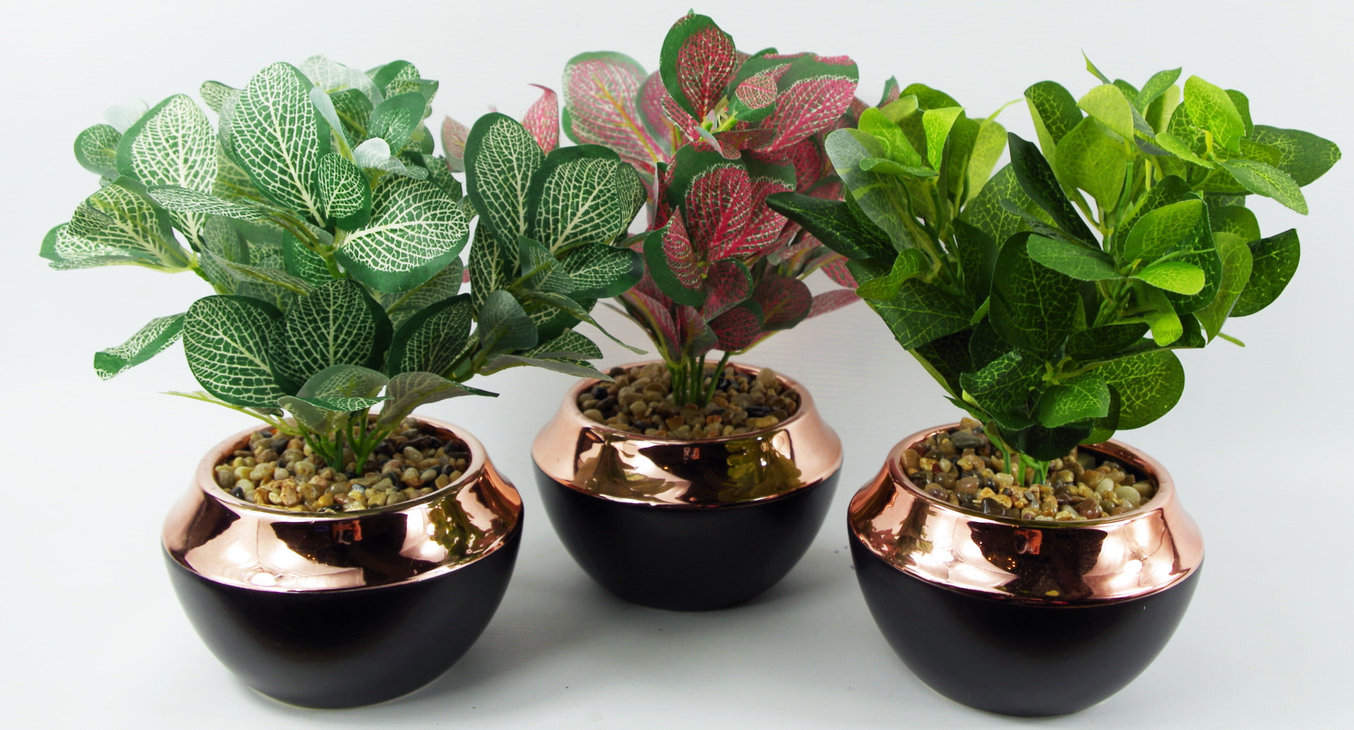 22cm Ceramic Planter Copper Band with Artificial Dark Green Mosaic Plant