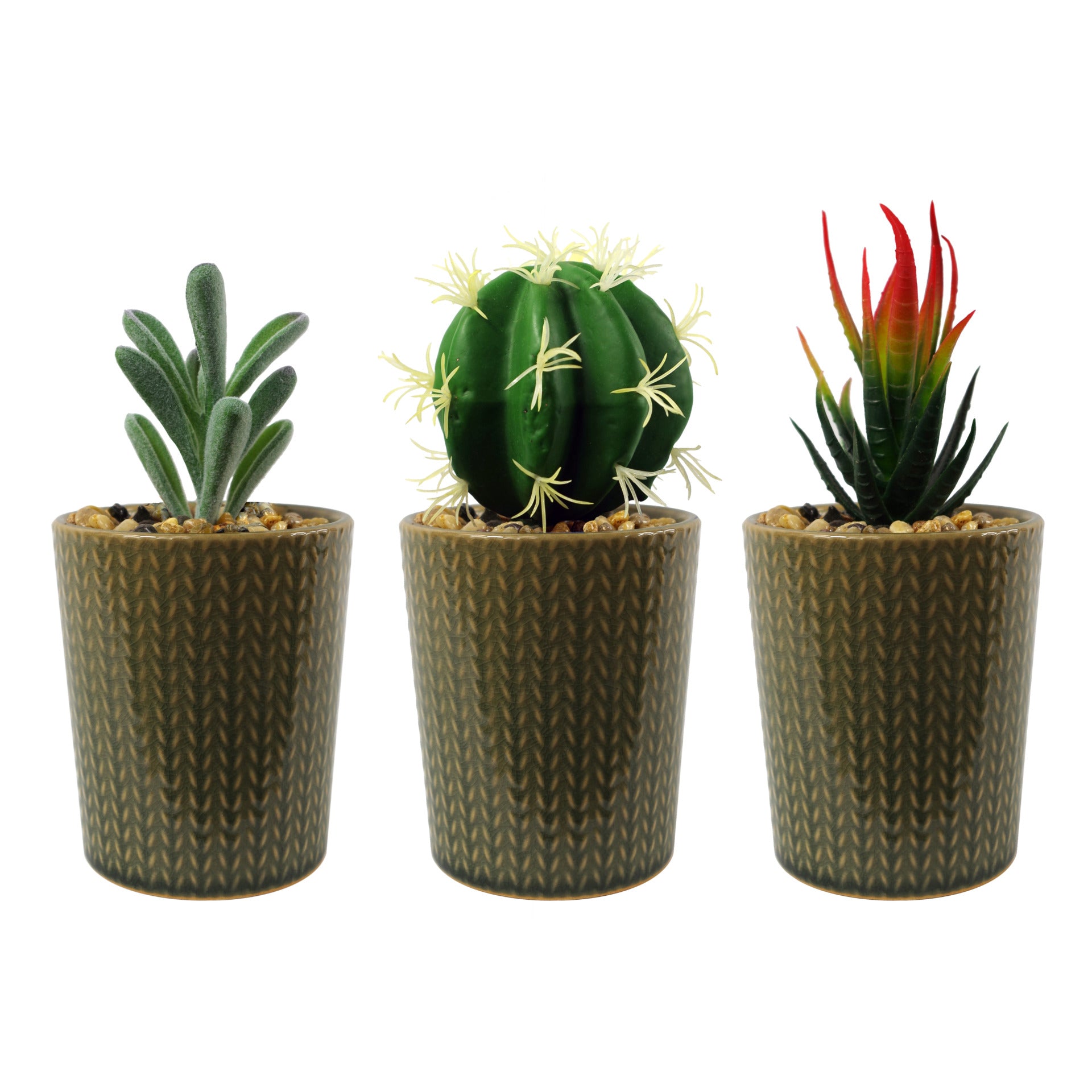 17cm Ceramic Stone Stripe Planter with Artificial Cactus
