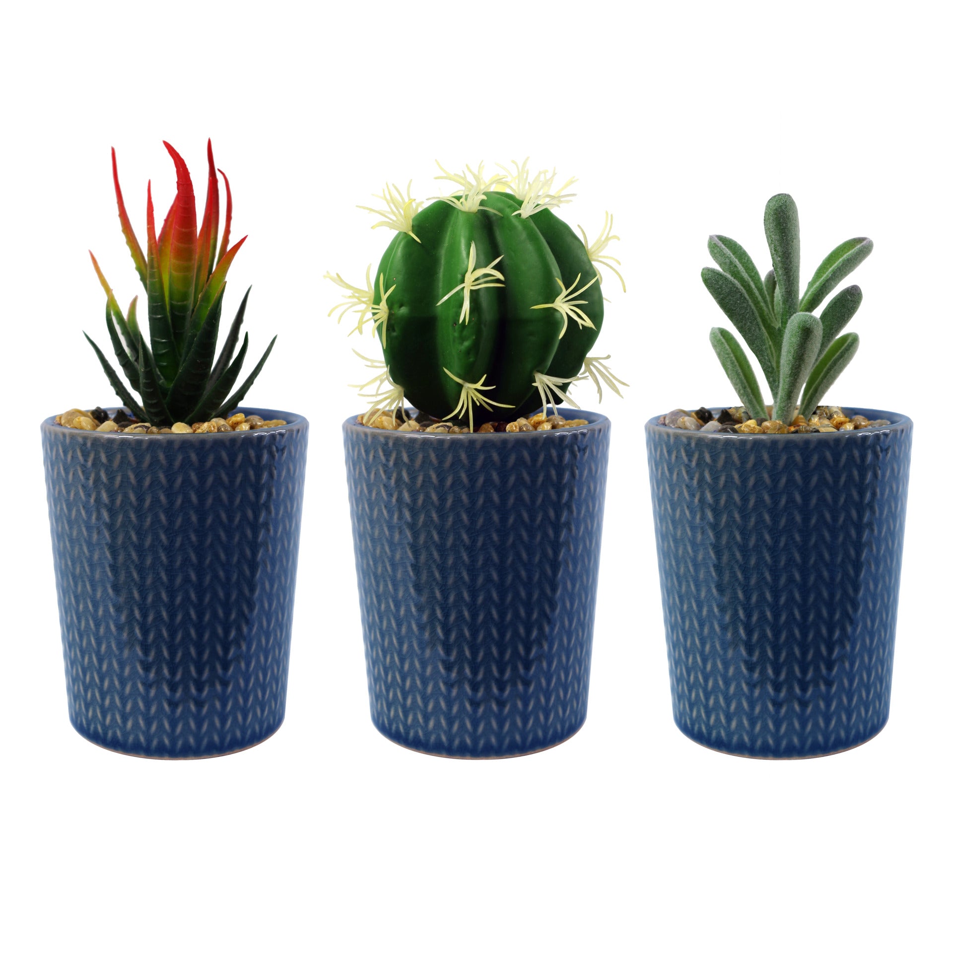 17cm Ceramic Blue Stripe Planter with Artificial Succulent Plant