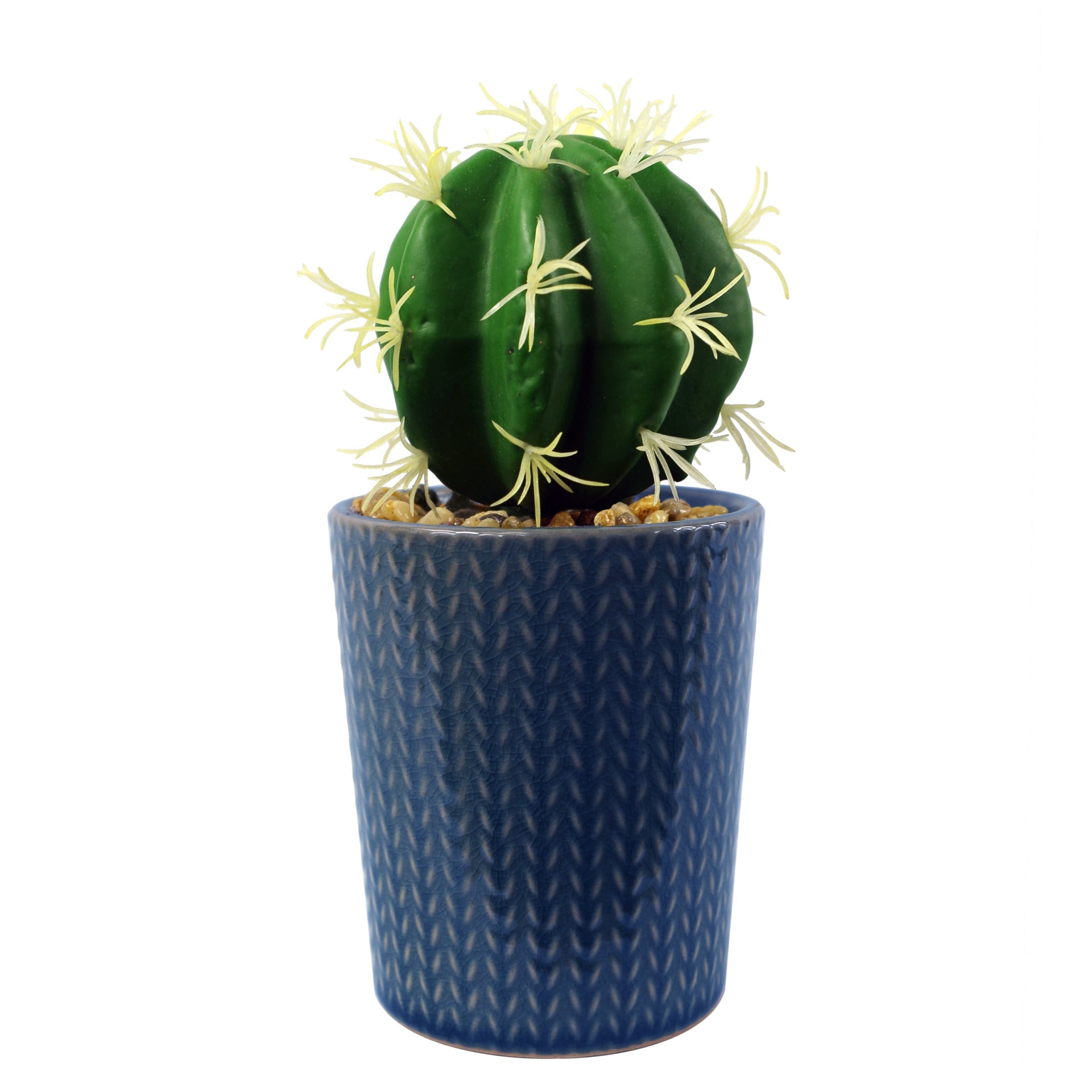 17cm Ceramic Blue Stripe Planter with Artificial Cactus