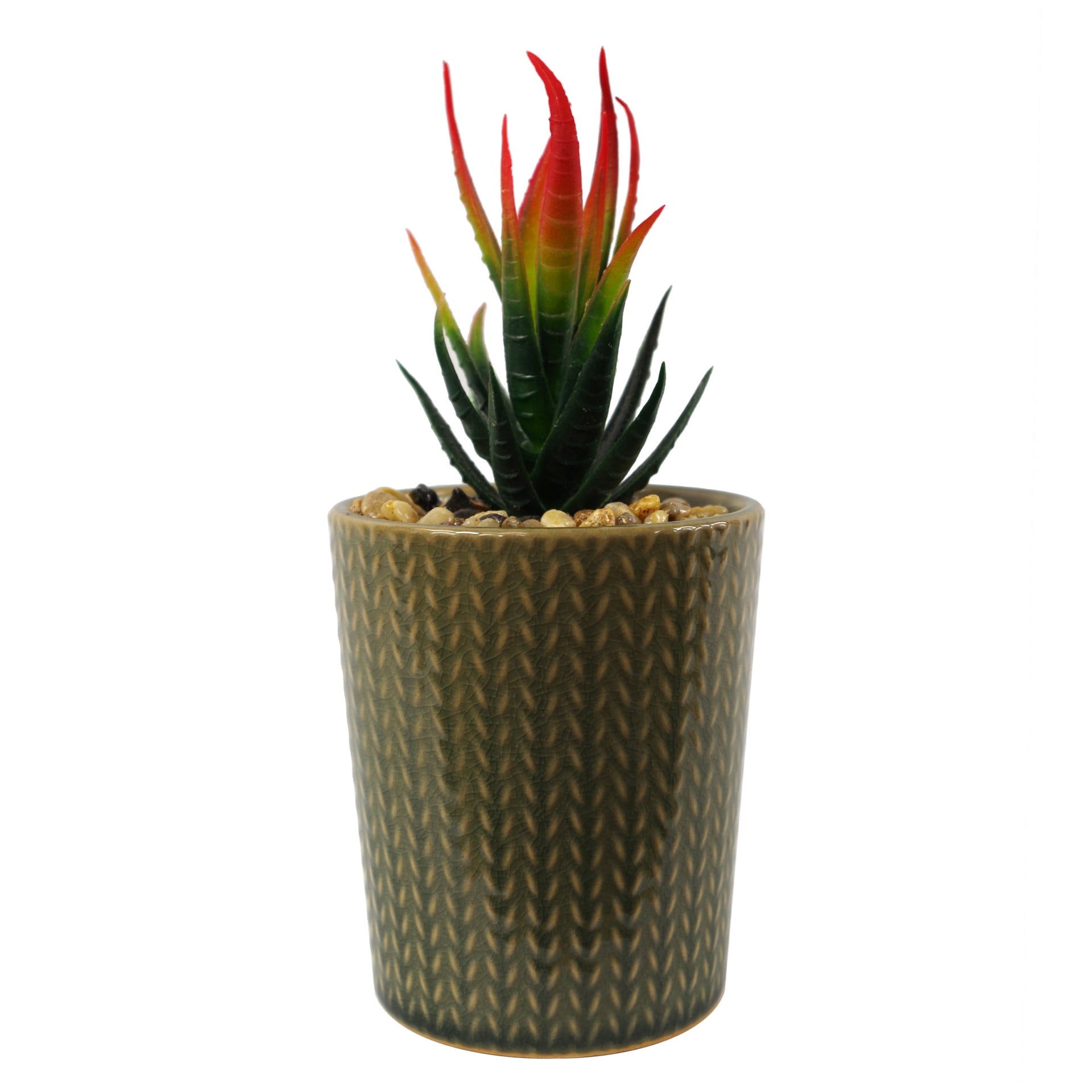 18cm Ceramic Stone Stripe Planter with Artificial Red Dracaena Plant
