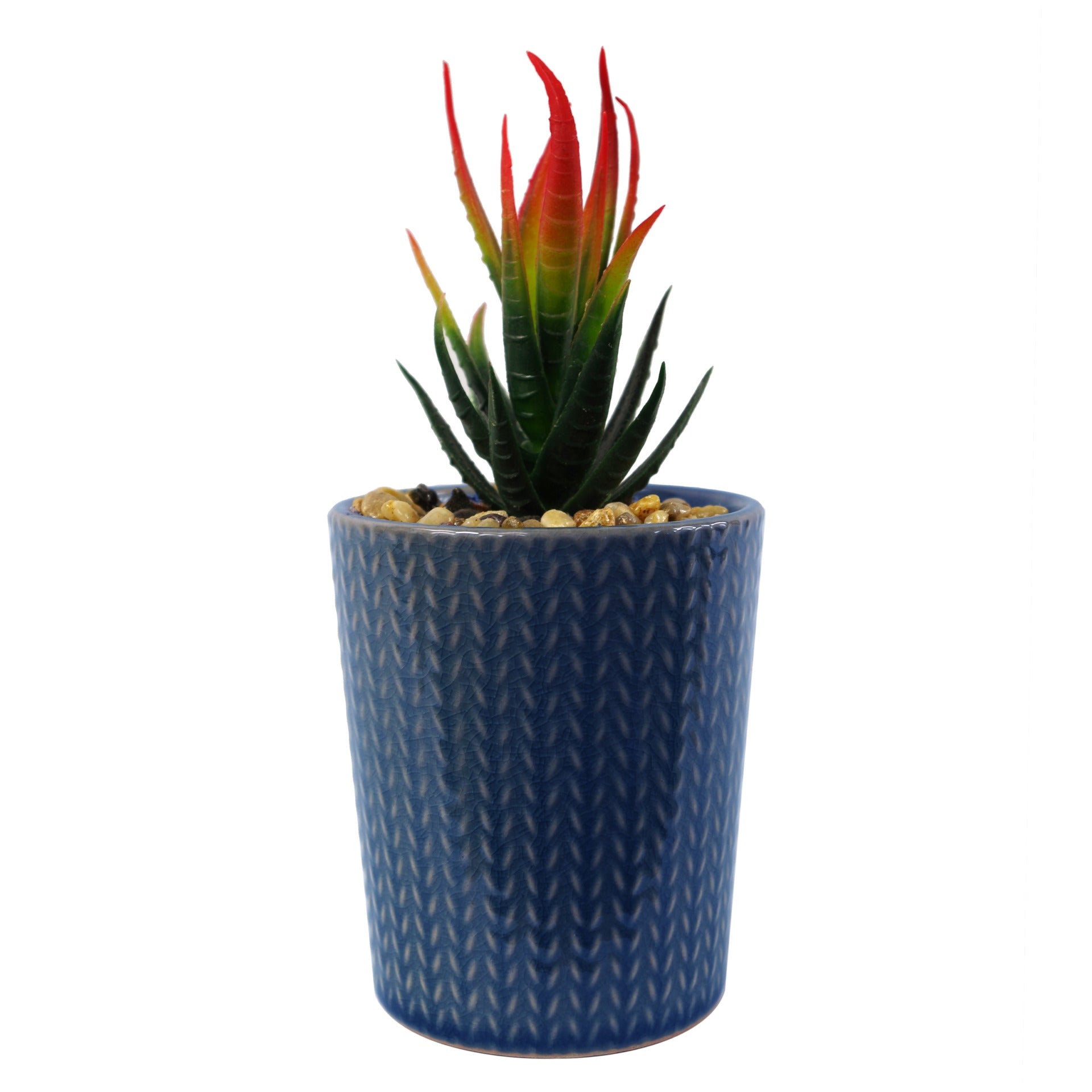 18cm Ceramic Blue Stripe Planter with Artificial Red Dracaena Plant