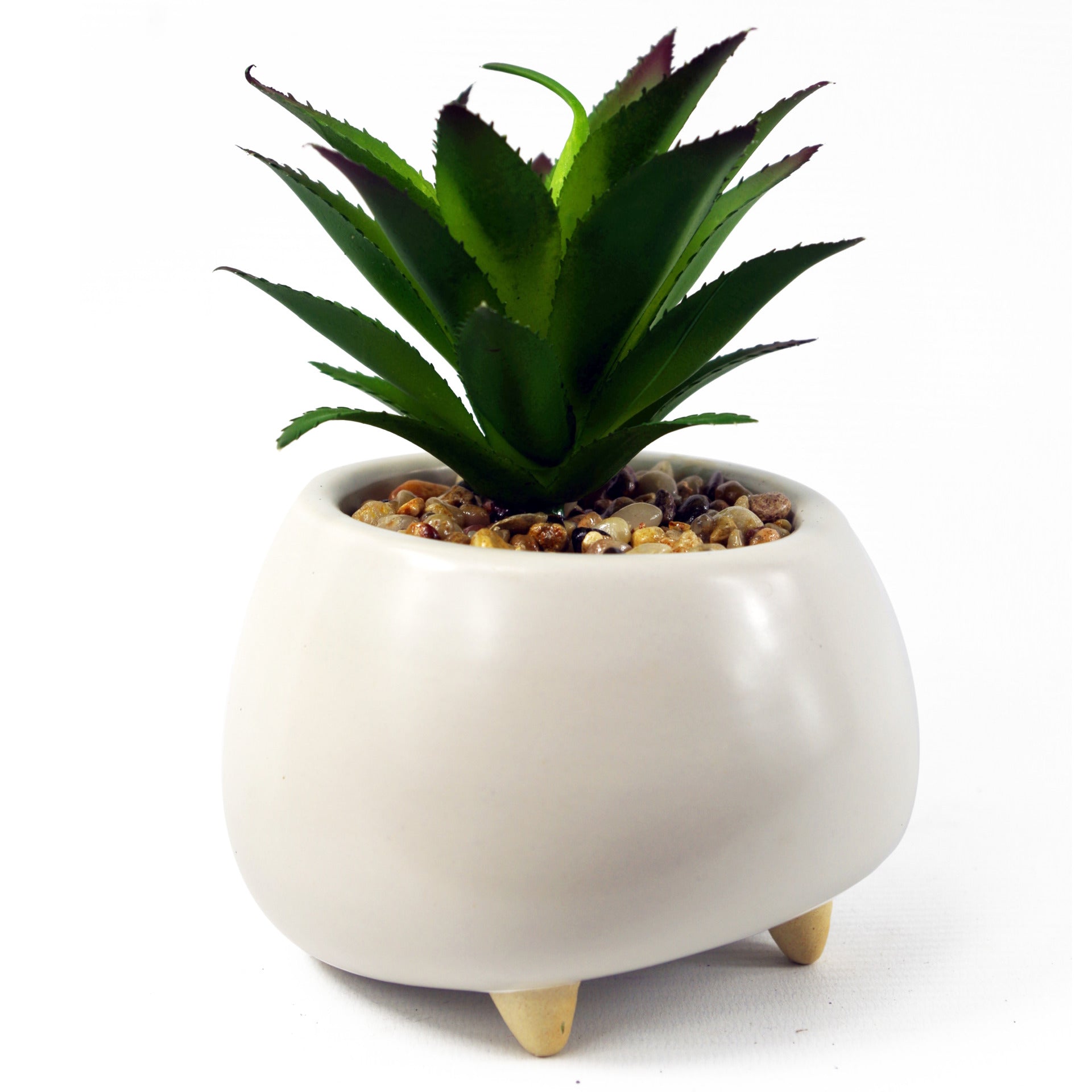 15cm Ceramic Pebble White Planter with Artificial Succulent Plant
