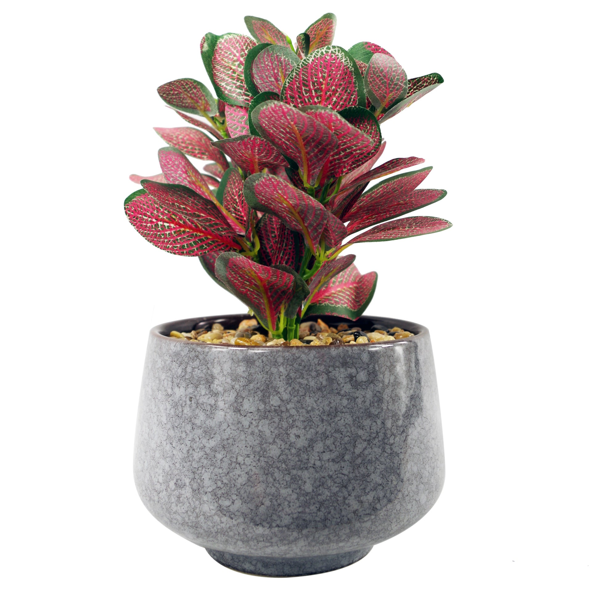 23cm Ceramic Tall Blue Planter with Artificial Red Mosaic Plant