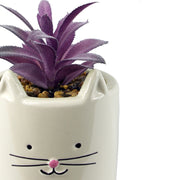 18cm Ceramic White Cat Planter with Artificial Pink and Purple Succulent Plant