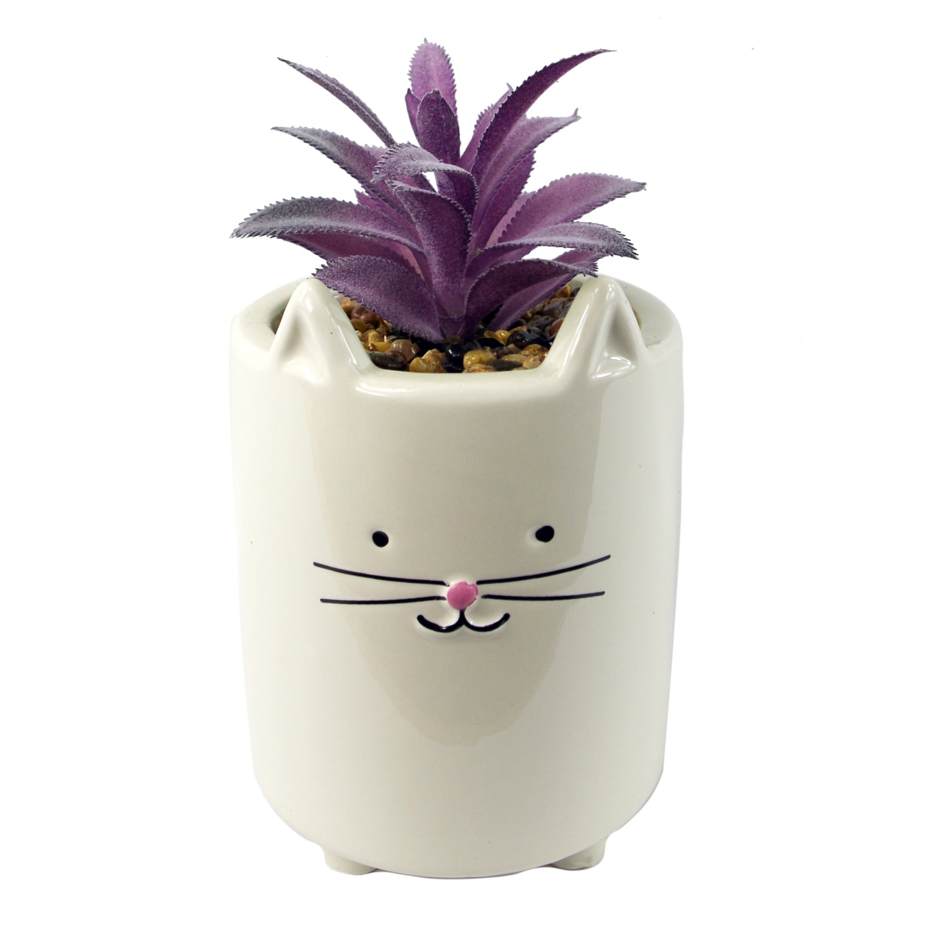 18cm Ceramic White Cat Planter with Artificial Pink and Purple Succulent Plant