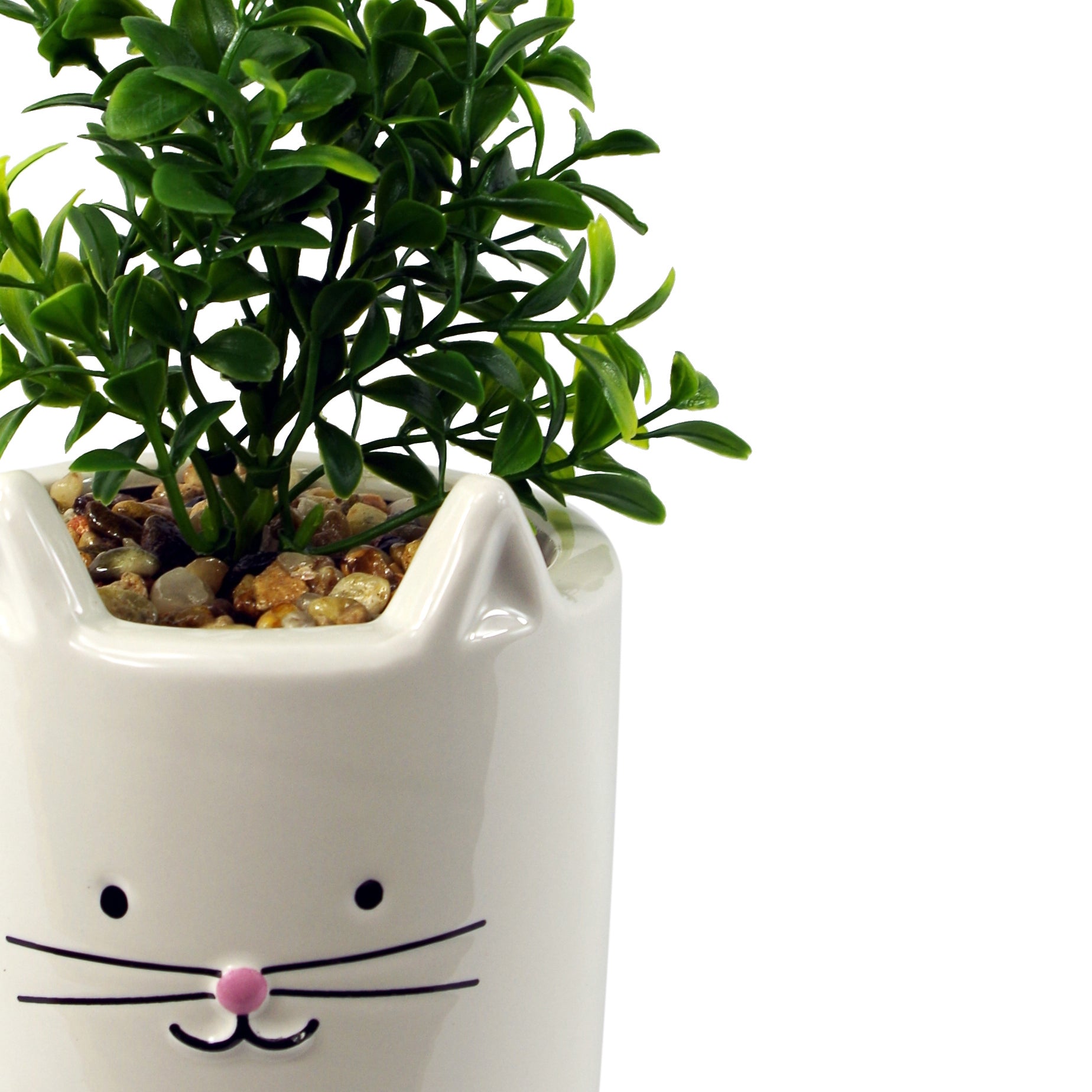 20cm Ceramic White Cat Planter with Artificial Foliage Plant